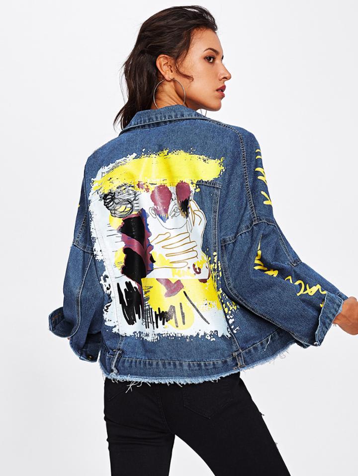 Romwe Graffiti Print Ripped Frayed Hem Denim Jacket
