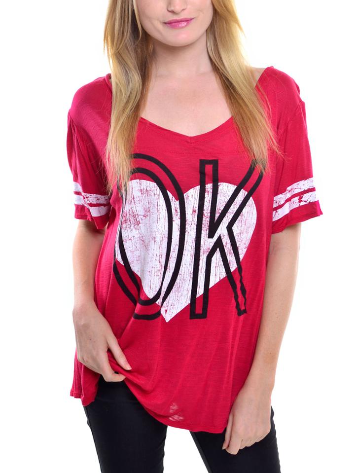 Romwe Heart Print Striped Sleeve T-shirt