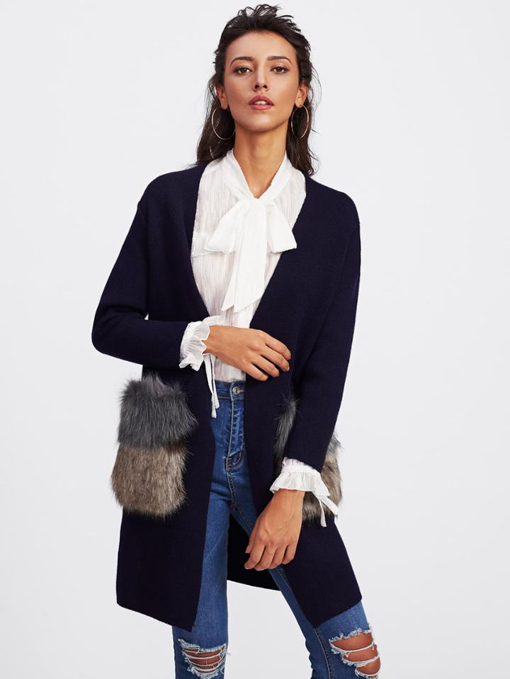 Romwe Faux Fur Embellished Pocket Longline Cardigan