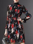 Romwe Black Collar Long Sleeve Elastic Waist Rose Print Dress
