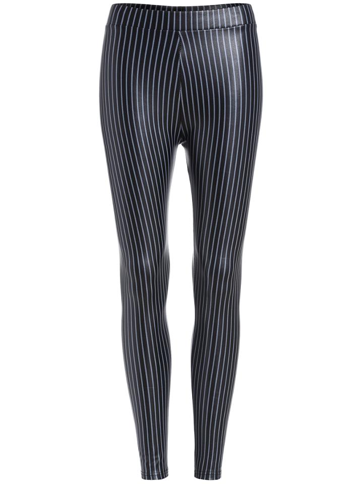 Romwe Vertical Striped Pu Slim Leggings