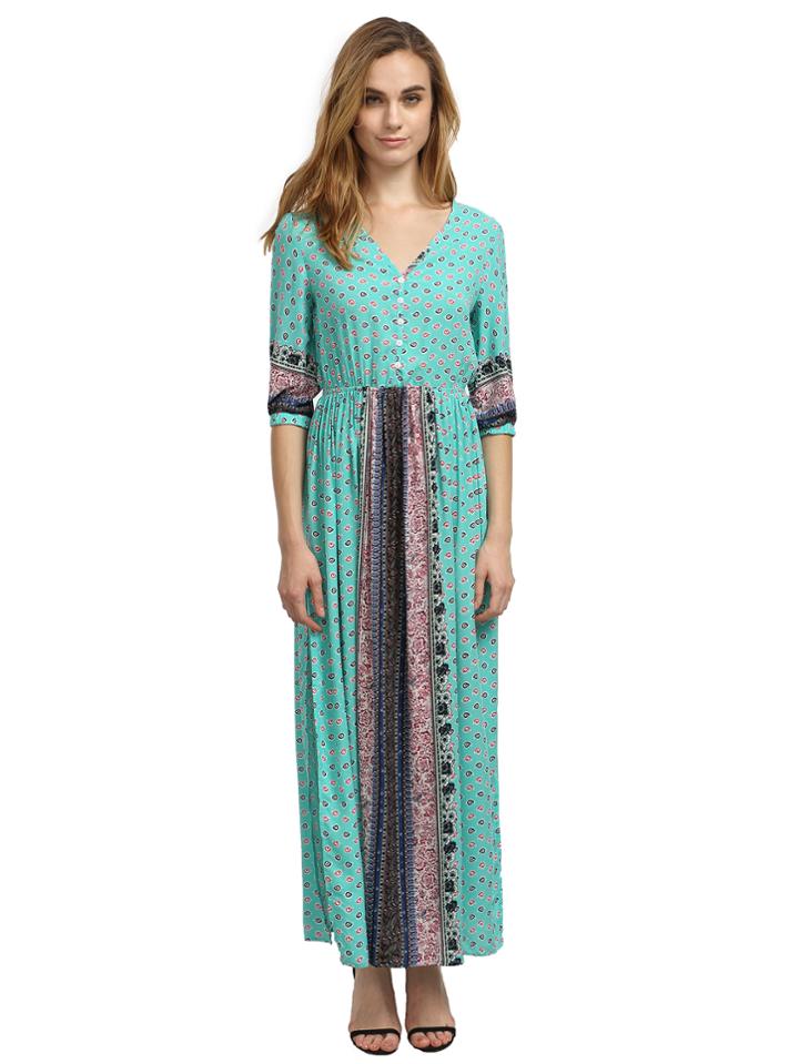Romwe Blue Half Sleeve Vintage Print Split Maxi Dress