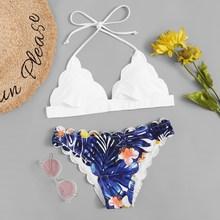 Romwe Tropical Print Scalloped Bikini Set