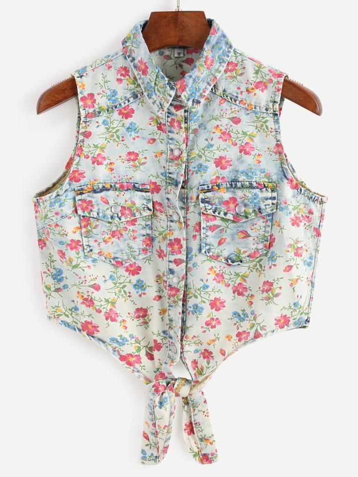 Romwe Multicolor Floral Print Knot Front Denim Blouse