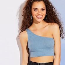 Romwe Ribbed One Shoulder Crop Top