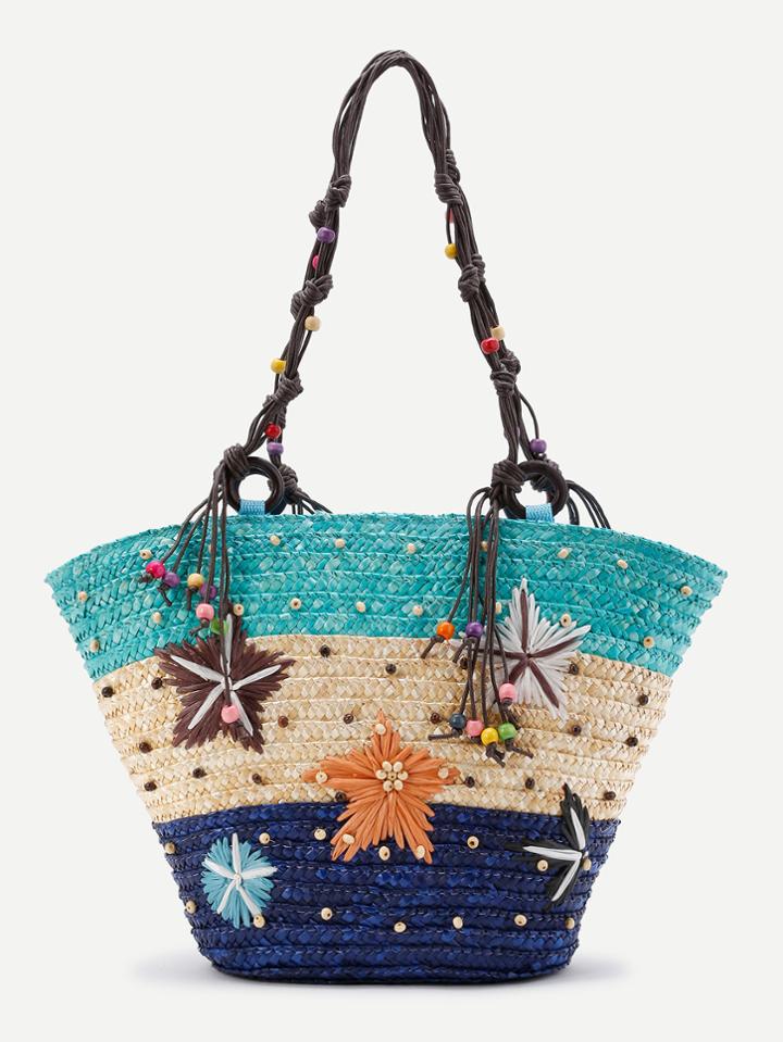 Romwe Color Block Beaded Detail Straw Bag