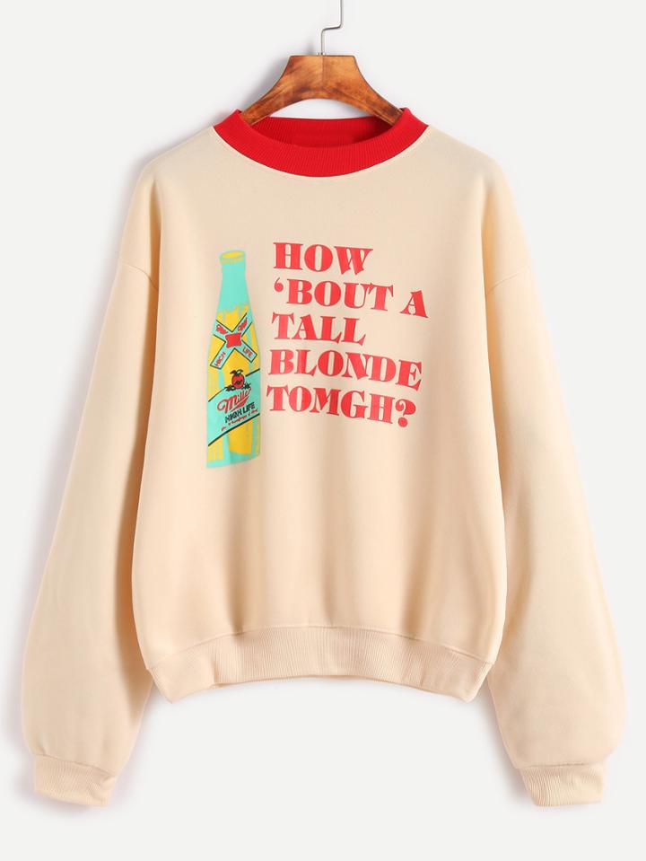 Romwe Sentence Print Contrast Neck Dropped Shoulder Seam Sweatshirt