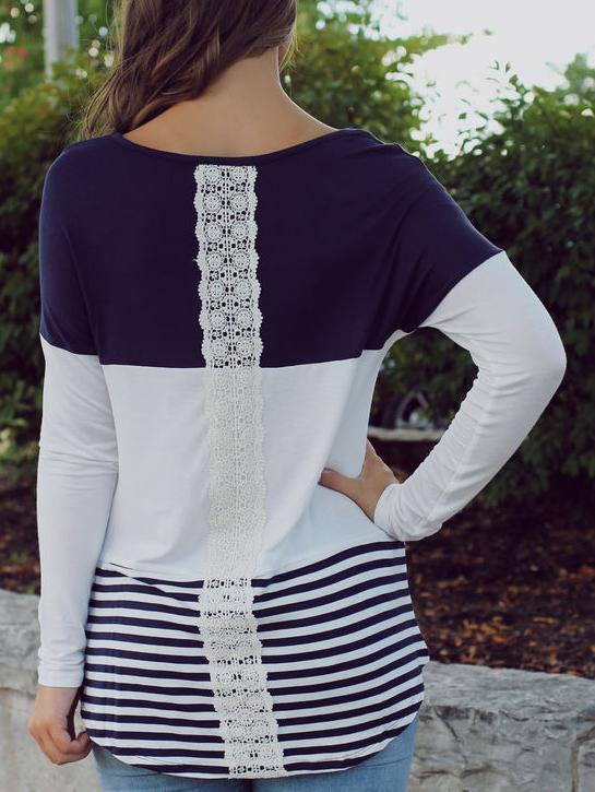 Romwe Long Sleeve Striped Contrast Lace Color-block T-shirt
