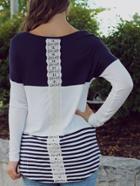 Romwe Long Sleeve Striped Contrast Lace Color-block T-shirt