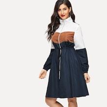 Romwe Drawstring Waist Color Block Zip Up Coat