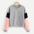 Romwe Faux Fur Panel Sleeve Colorblock Jumper