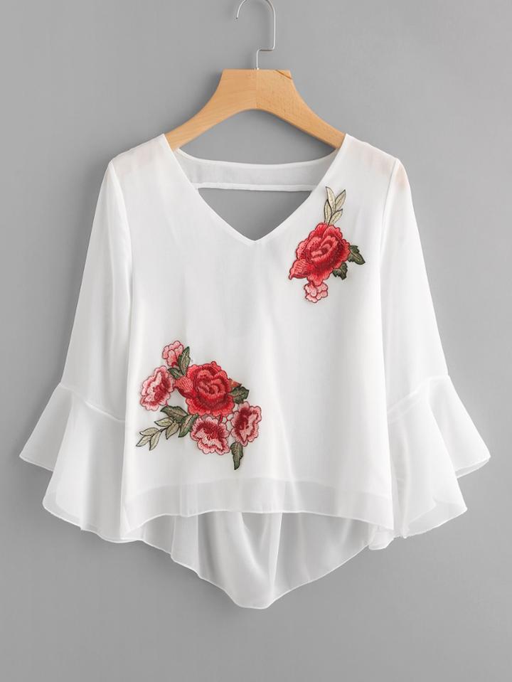 Romwe Rose Applique Dip Hem Open Back Blouse