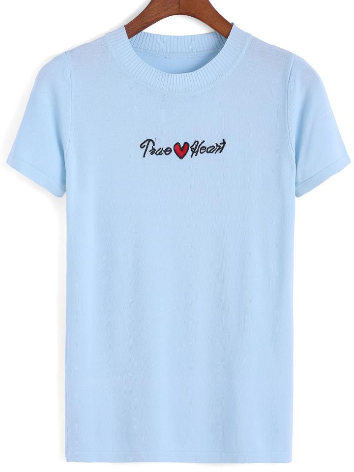 Romwe Short Sleeve Letter Embroidered Sweater