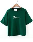 Romwe Letters Embroidered Green T-shirt