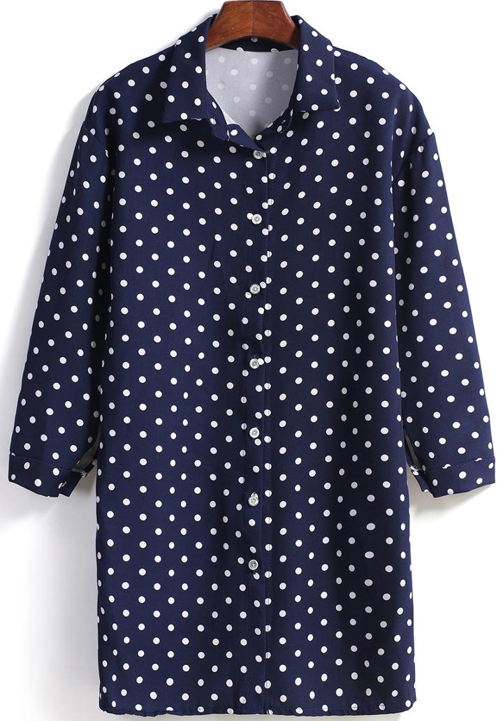 Romwe Polka Dot Lapel Long Sleeve Navy Blouse