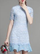 Romwe Blue Crochet Hollow Out Ruffle Dress