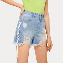 Romwe Ripped Raw Hem Lace Up Denim Shorts