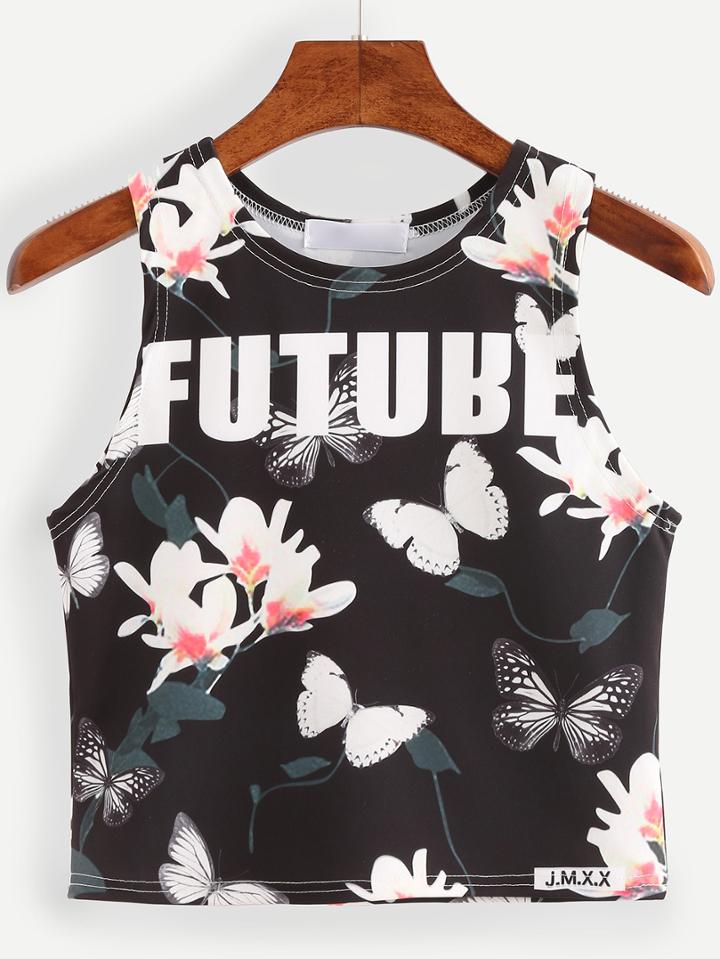 Romwe Florals Butterfly Print Tank Top