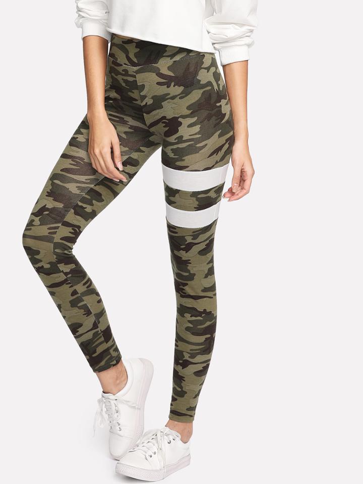 Romwe Camo Print Varsity Striped Leggings