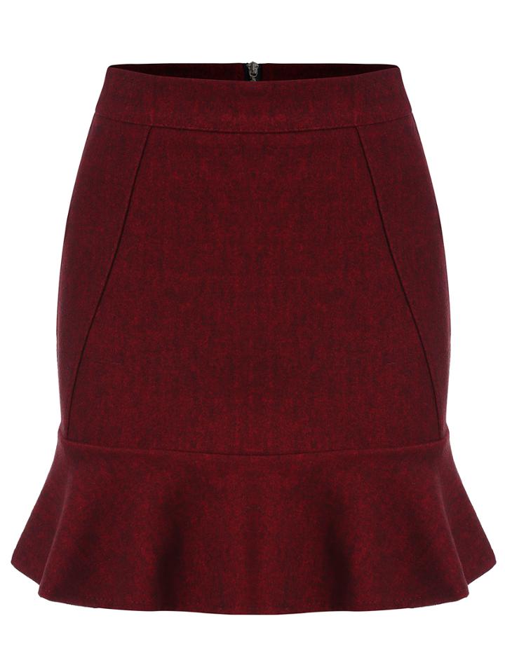 Romwe Peplum Hem Zipper Maroon Skirt