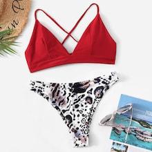 Romwe Cross Back Seam Top With Leopard Bikini