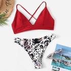 Romwe Cross Back Seam Top With Leopard Bikini