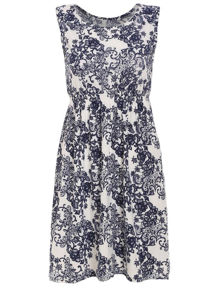 Romwe Flower Print Elastic Waist Sleeveless Dress