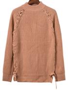 Romwe Khaki Mock Neck Lace Up Textured Sweater