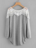 Romwe Contrast Hollow Out Crochet Marled Tee