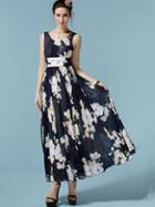 Romwe Navy Sleeveless Flower Print Chiffon Dress