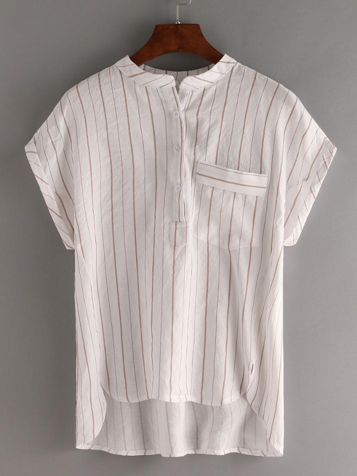 Romwe Band Collar High-low Khaki Vertical Striped Blouse