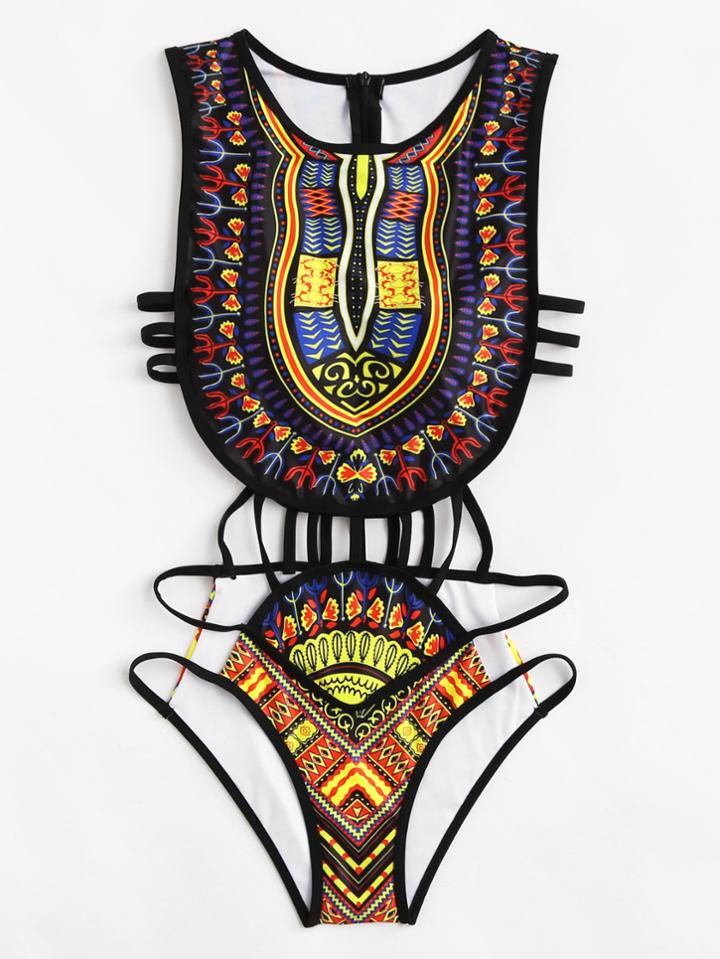 Romwe Geometric Pattern Ladder Cut Out Swimsuit