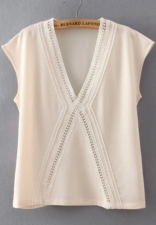 Romwe Deep V Neck Lace Insert Hollow Chiffon Apricot Tank Top