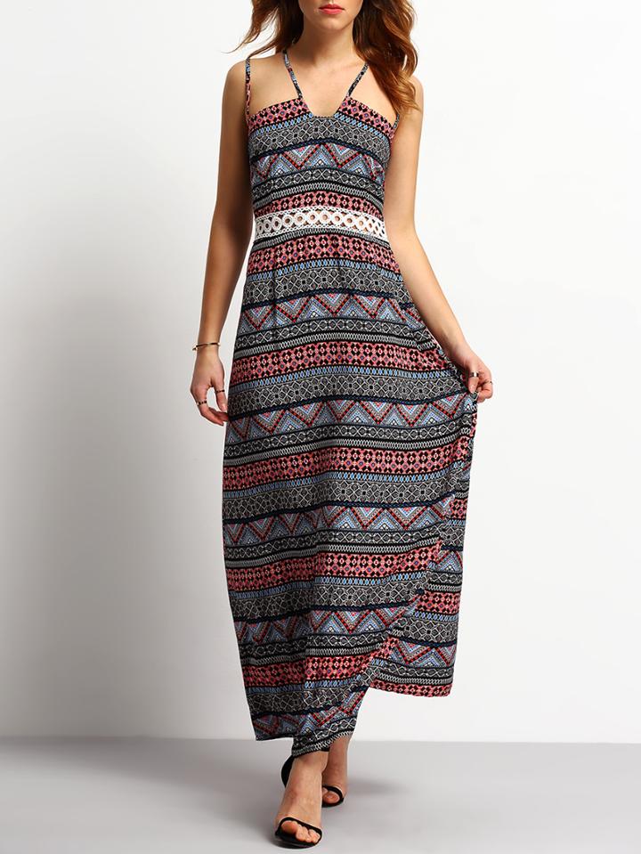 Romwe Spaghetti Strap Geometric Print Split Dress