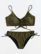 Romwe Lace Up Front And Side Bikini Set