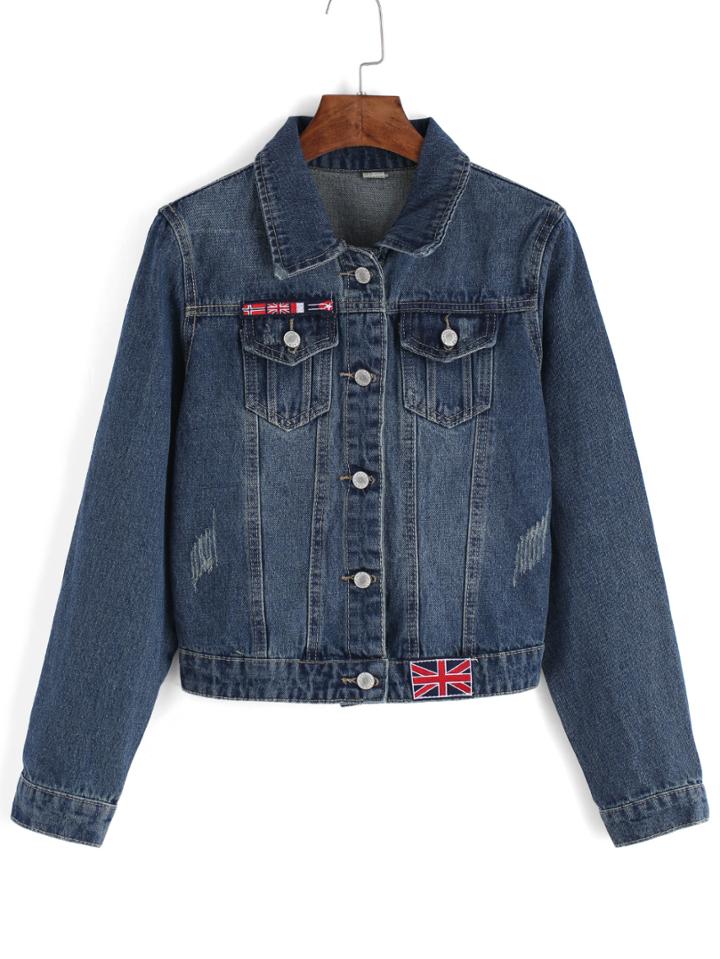 Romwe Lapel Scratch Denim Patch Pockcts Coat