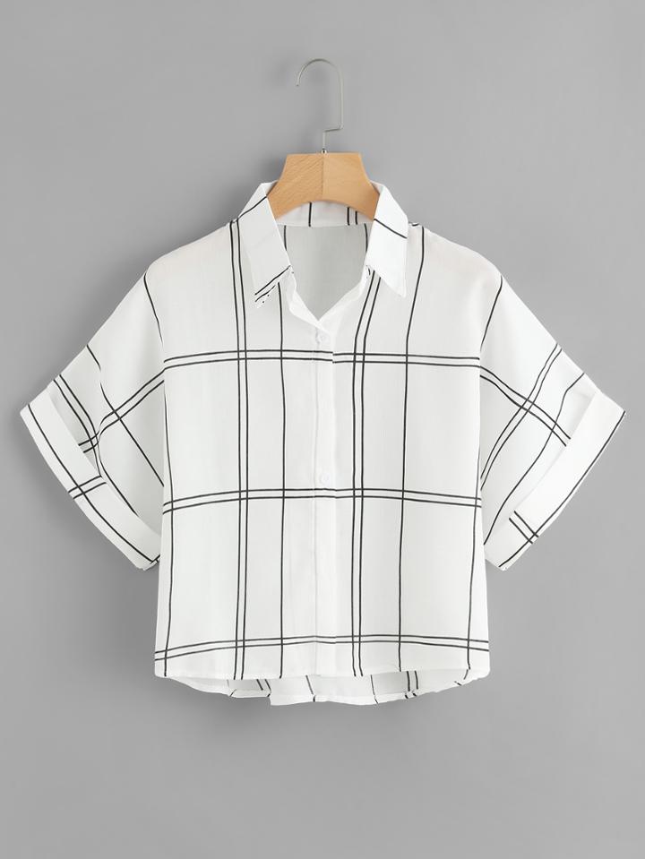 Romwe Plaid Cuffed Crop Shirt