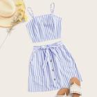 Romwe Striped Shirred Crop Top & Button Front Belted Skirt
