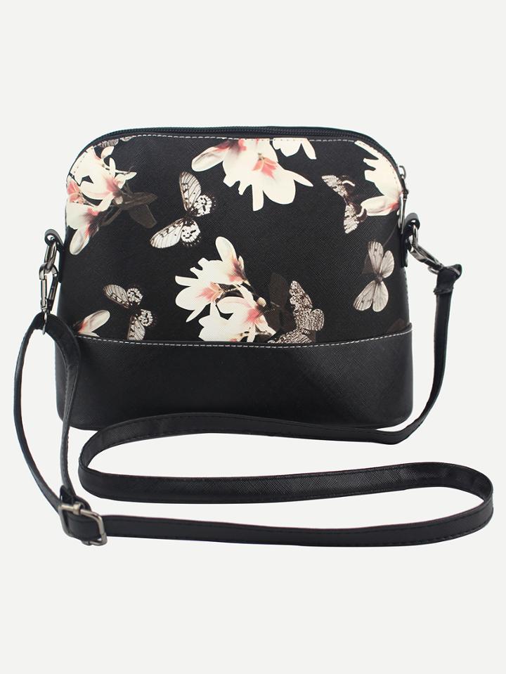 Romwe Flower & Butterfly Print Crossbody Bag - Black