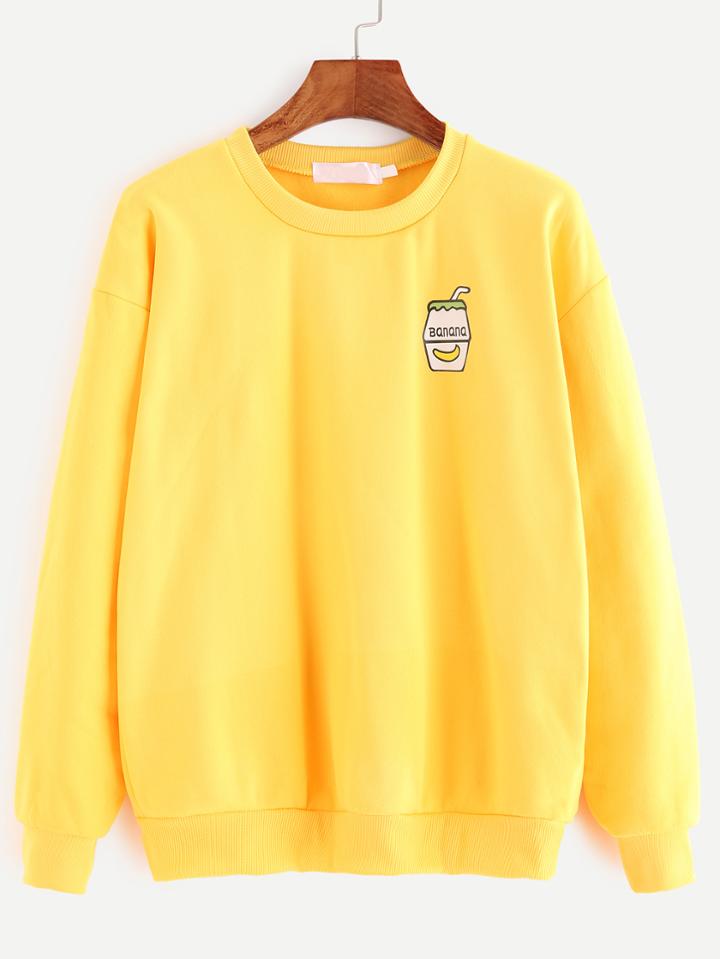 Romwe Yellow Cartoon Print Dropped Shoulder Seam Sweatshirt