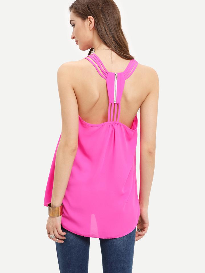 Romwe Hop Pink Cut Away Back Zipper Tank Top