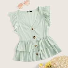 Romwe V Neck Button Front Layered Ruffle Blouse