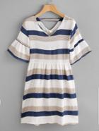 Romwe Contrast Striped Double V Fluted Sleeve Dress