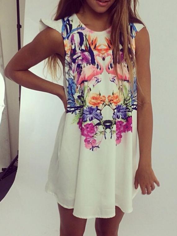 Romwe Flamingos & Flower Print Chiffon Dress - White