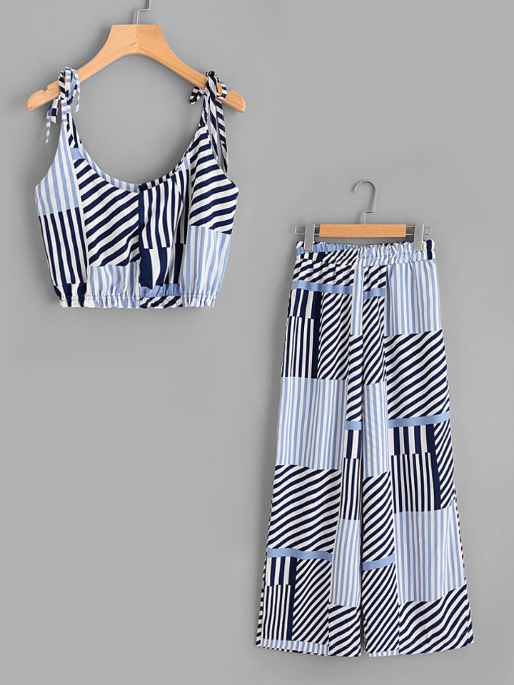 Romwe Random Striped Tie-strap Crop Top With Wide Leg Pants