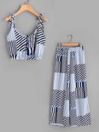 Romwe Random Striped Tie-strap Crop Top With Wide Leg Pants