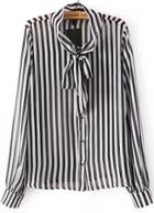 Romwe Vertical Stripe Pussybow Blouse
