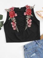 Romwe Rose Embroidered Applique Crop Top