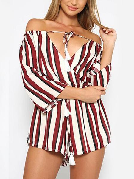 Romwe Burgundy Vertical Striped Surplice Off The Shoulder Romper