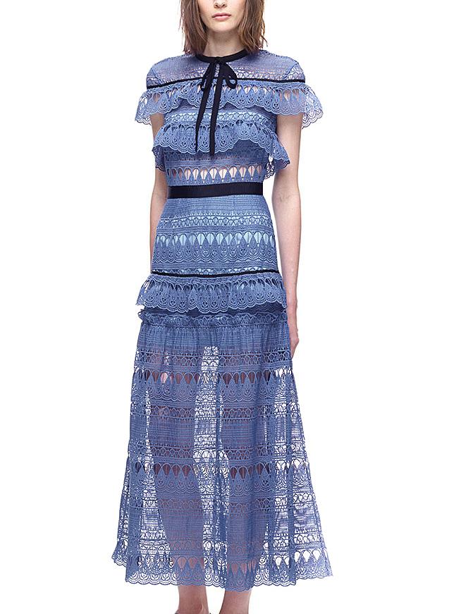 Romwe Contrast Tie-neck Lace Dress